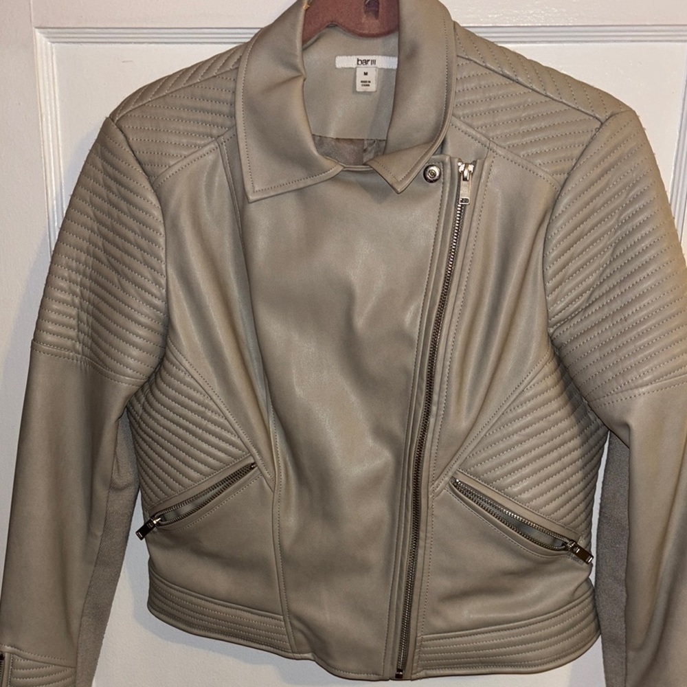 Beige Faux Leather Moto Jacket for Women
